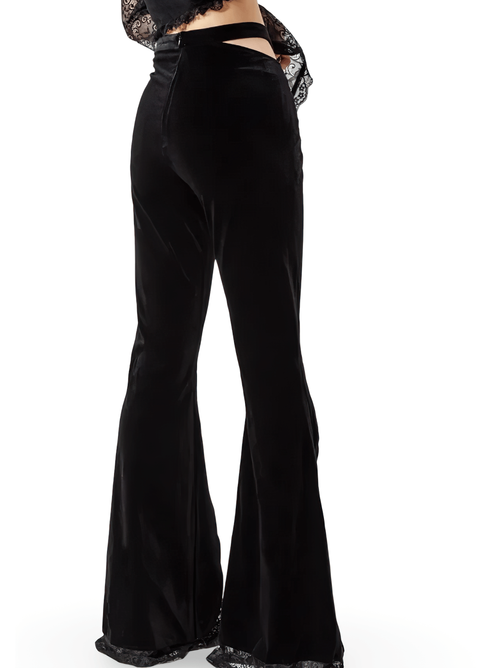 Chic black flared pants with lace slit panels and low waist cut, perfect for gothic and alternative fashion looks.