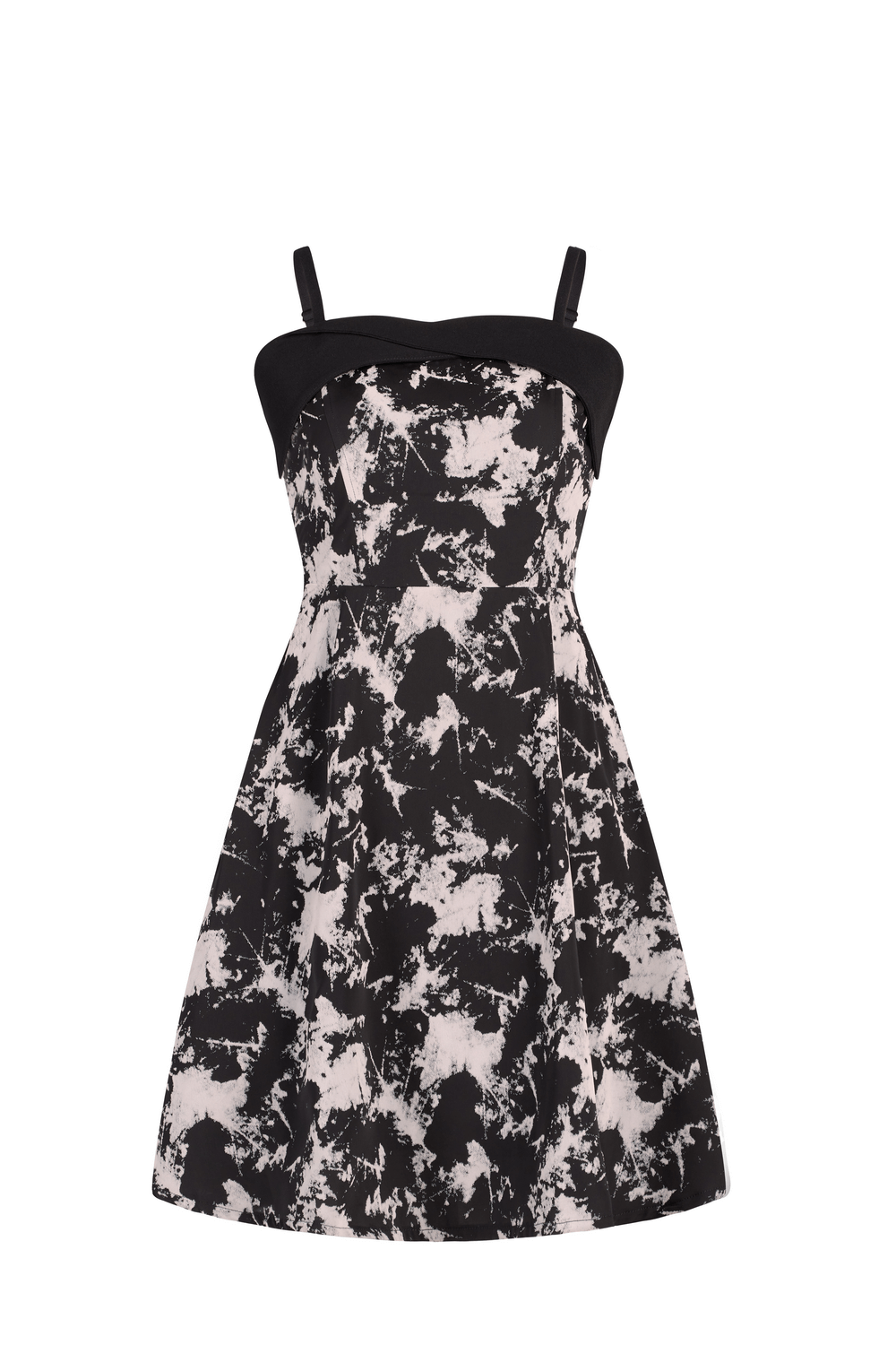 Chic black and white A-line mini dress with abstract flock pattern and broad shoulder straps.