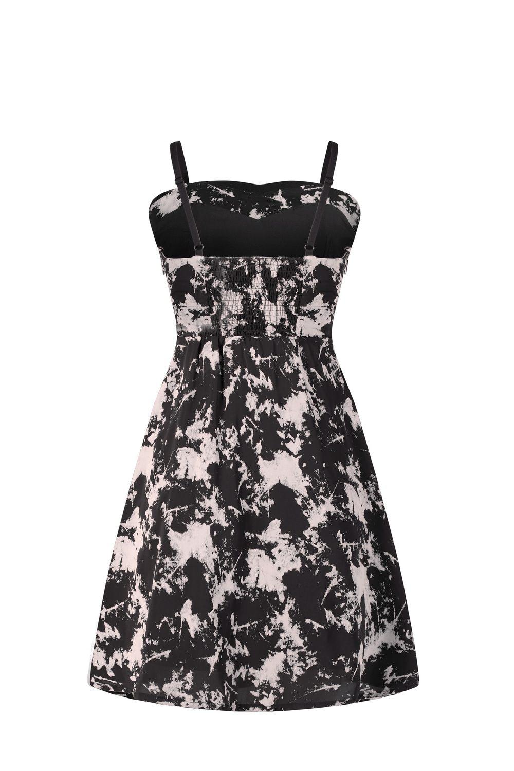 Chic black and white A-line mini dress with abstract pattern and broad shoulder straps, perfect for stylish outings.