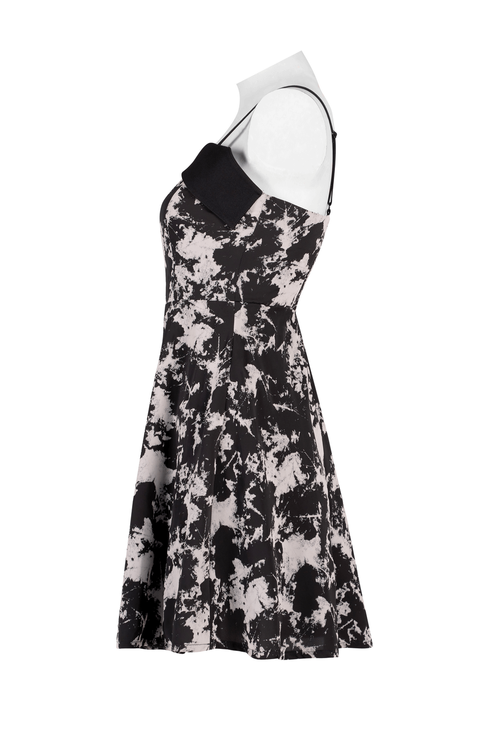 Chic A-Line Mini Dress in black and white abstract design, featuring broad shoulder straps and a stylish pleat.