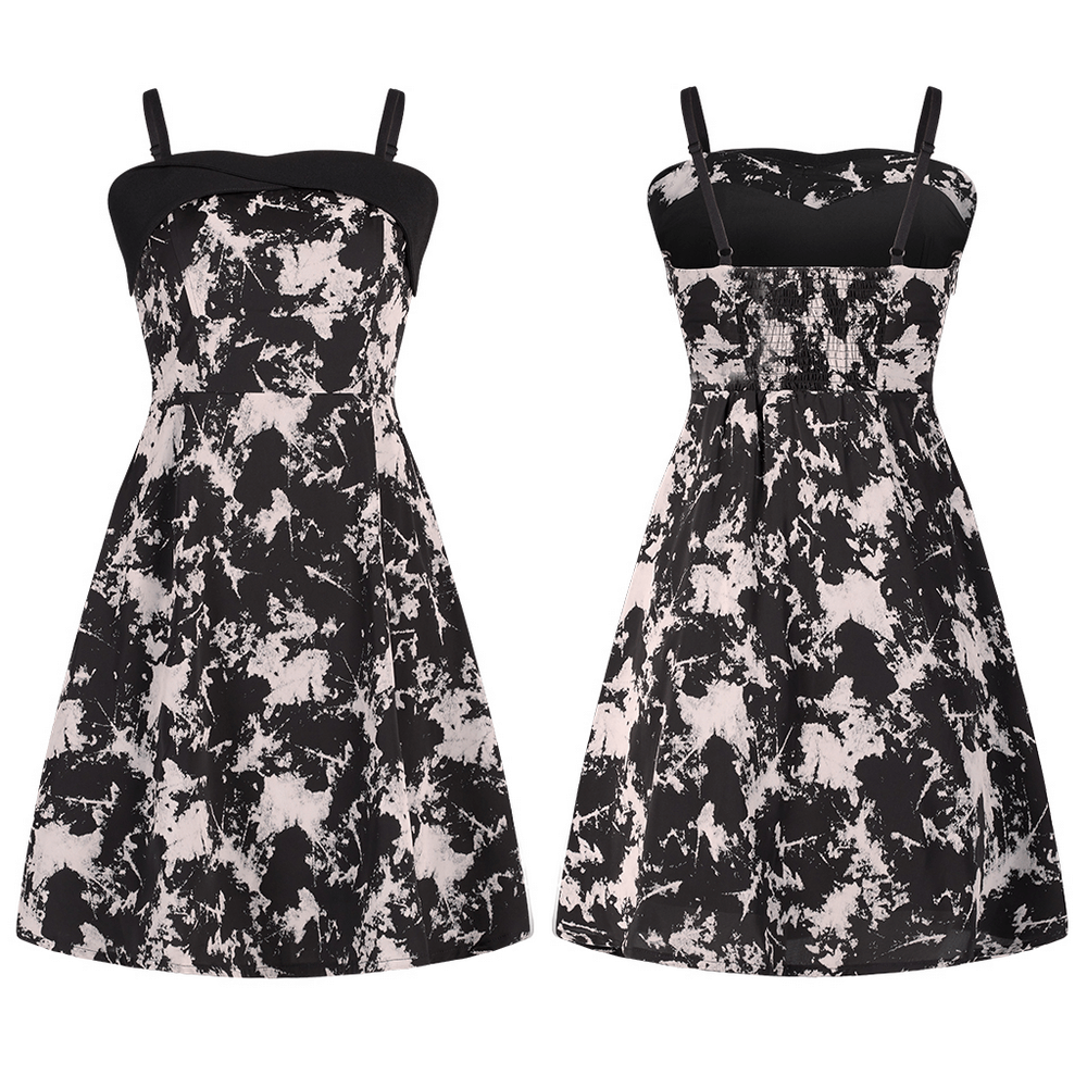 Chic black and white flocked A-line mini dress with abstract design and elastic back for a snug fit.