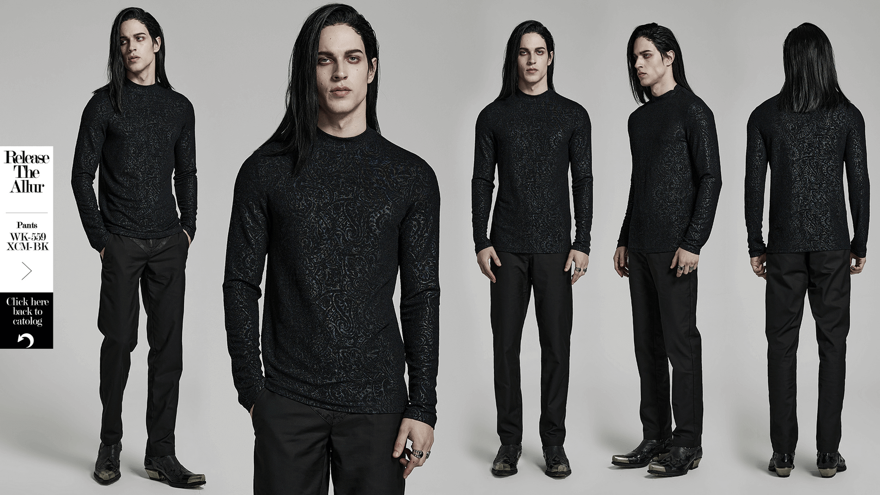 Stylish goth daily top with mock turtleneck in black stretch jersey fabric, showcased on a model.
