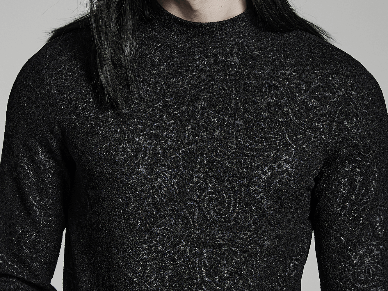 Chic goth daily top featuring stretch jersey fabric and elegant mock turtleneck design in a dark, intricate pattern.