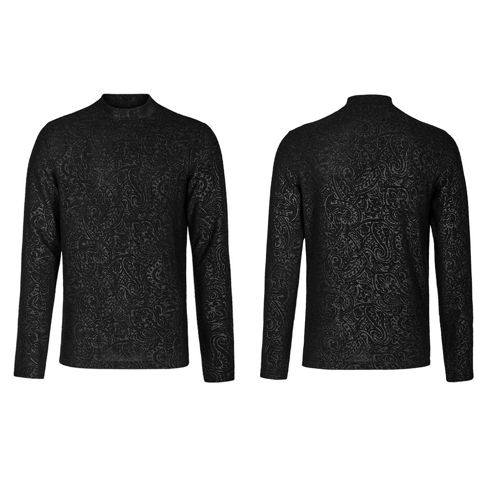 Chic goth daily top featuring a mock turtleneck and elegant stretch jersey fabric with intricate black pattern.
