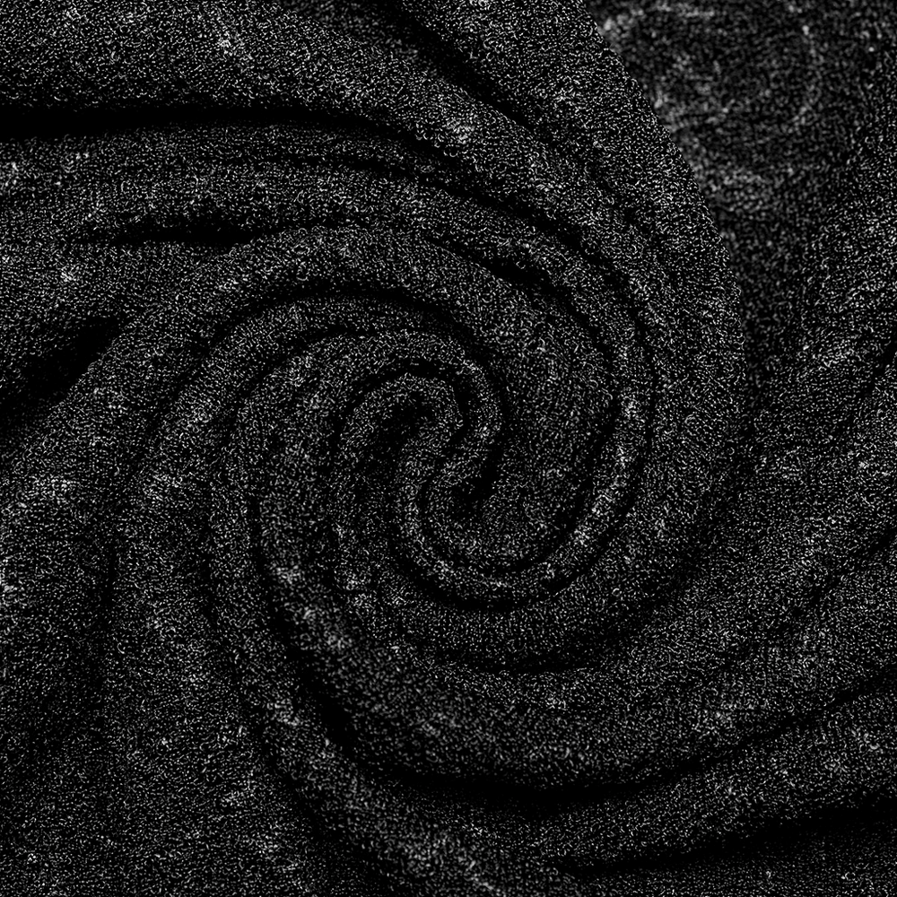 Black stretch jersey fabric in a spiral pattern, perfect for goth fashion tops and stylish apparel.