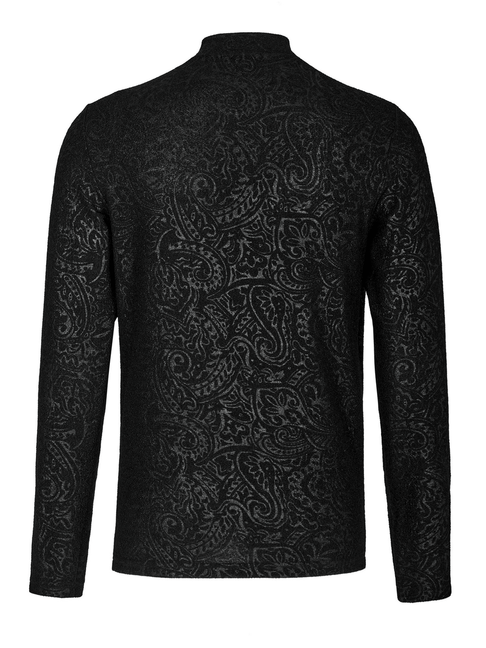 Stylish black goth top with intricate paisley design and mock turtleneck, perfect for daily wear.