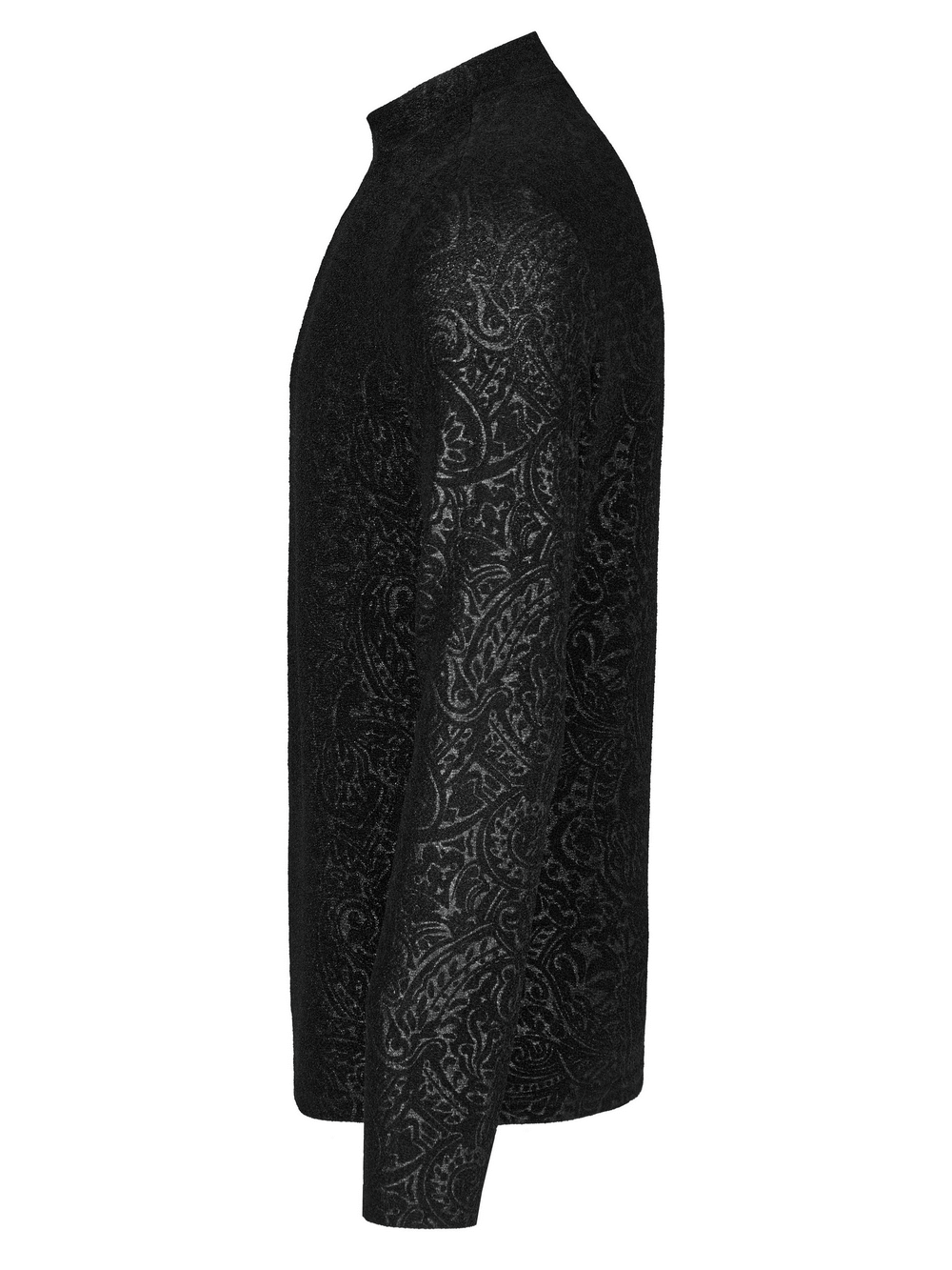 Chic goth daily top in black stretch jersey with mock turtleneck and elegant floral print.