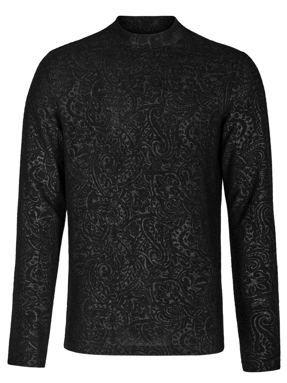 Chic Goth daily top in black with intricate paisley pattern and mock turtleneck for stylish comfort.