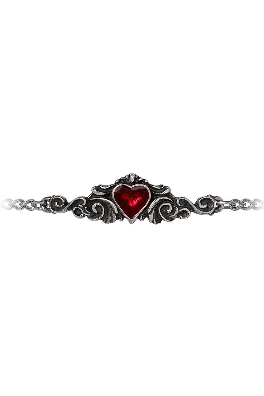 Chic Goth red heart bracelet in antique pewter, featuring an ornate design with a deep red enamel heart.