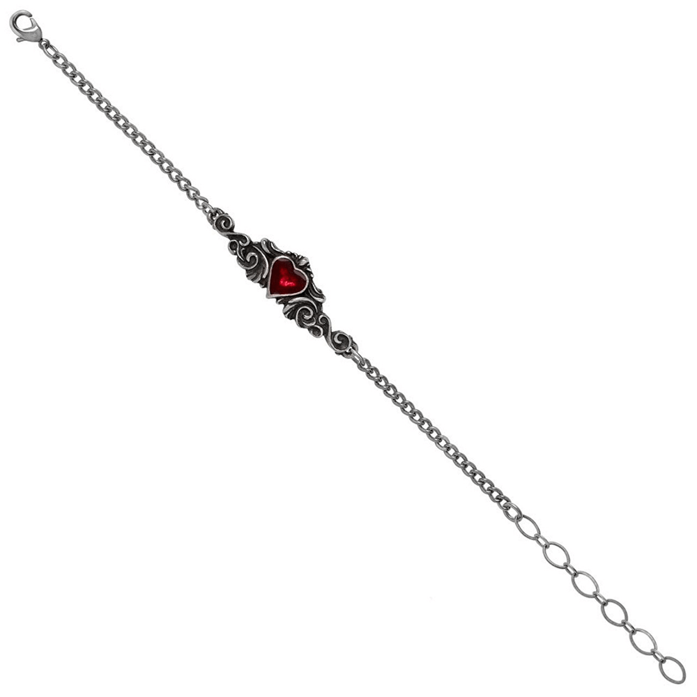 Chic Goth red heart bracelet in antique pewter design with ornate scrollwork and adjustable chain.