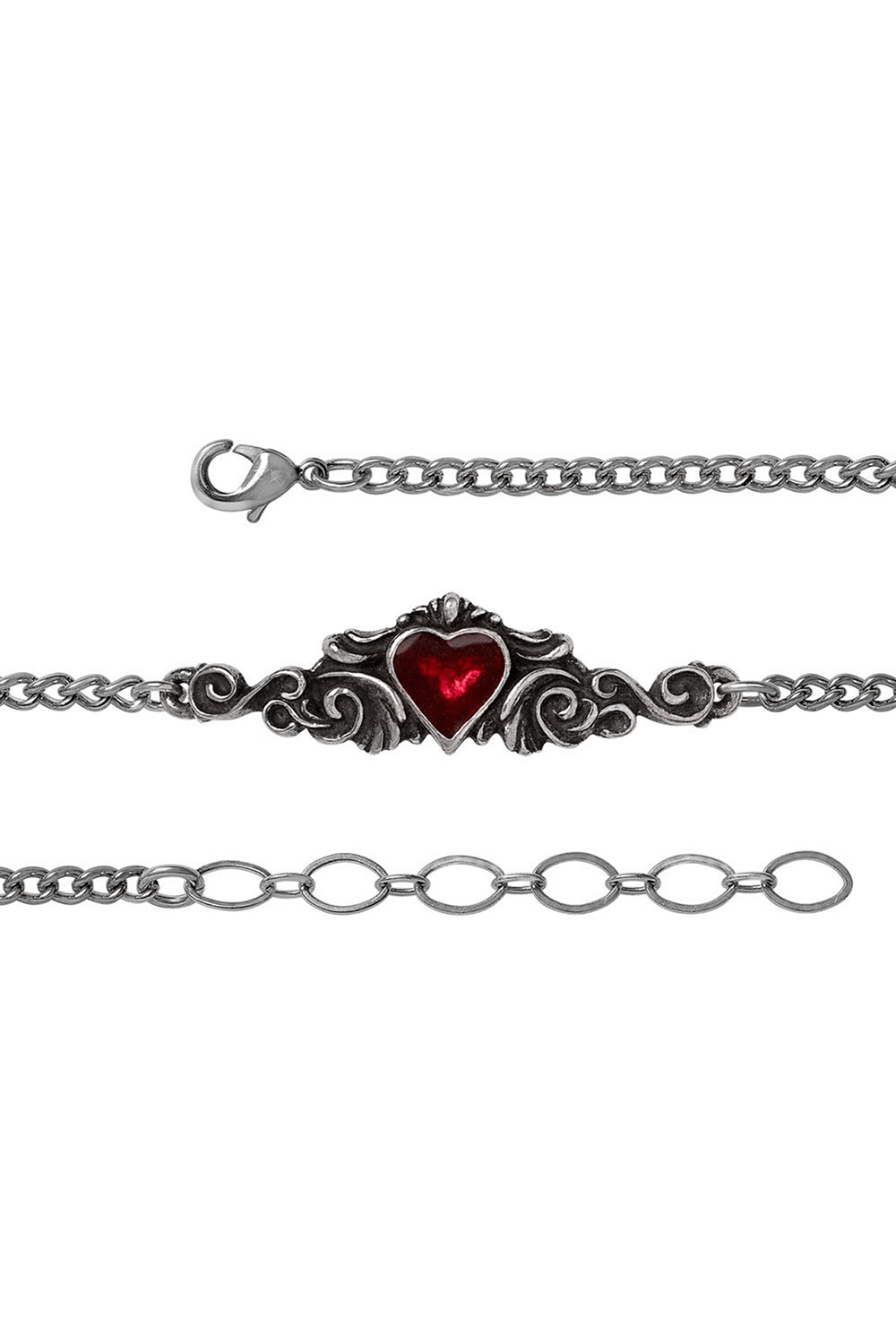 Chic Goth red heart bracelet in antique pewter with ornate scrollwork and adjustable chain