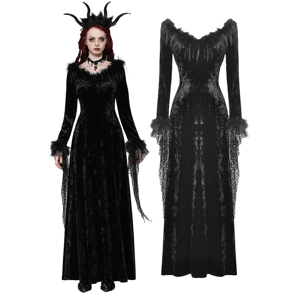 Chic goth velvet maxi dress with lace accents and dramatic details, perfect for stylish gothic gatherings.