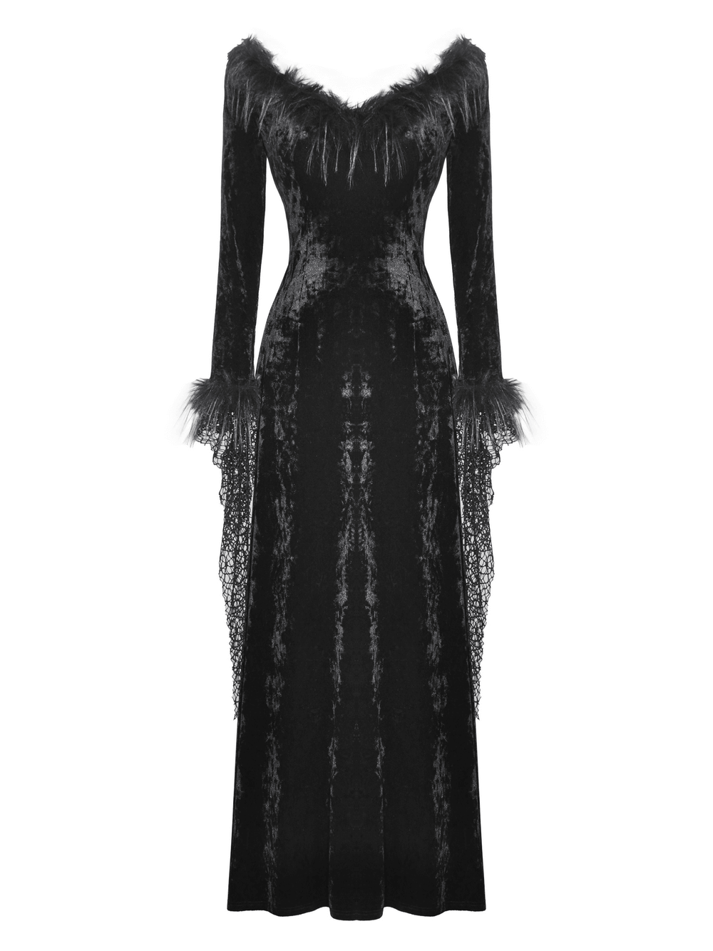 Chic goth velvet maxi dress with lace accents and dramatic sleeves, perfect for gothic elegance and themed events.