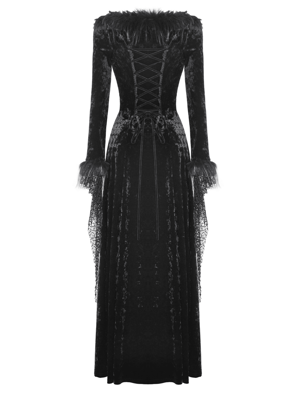 Chic goth long velvet maxi dress with lace accents and dramatic neckline, perfect for gothic events and themed gatherings.