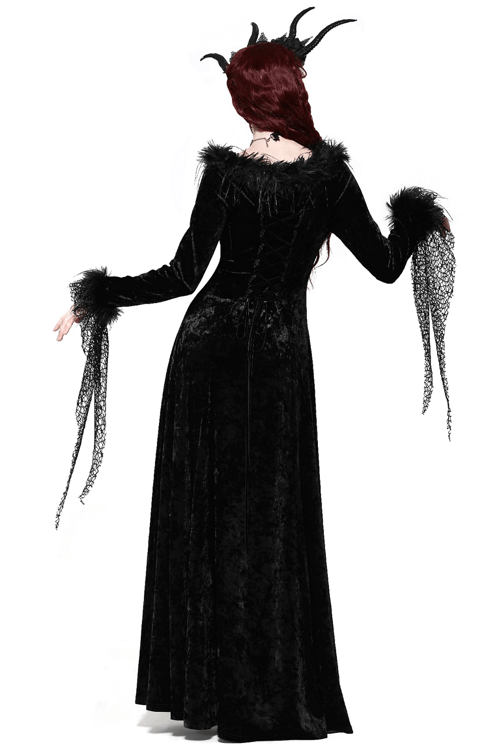 Chic goth velvet maxi dress showcased from the back, featuring lace accents and dramatic sleeves for a stunning gothic look.