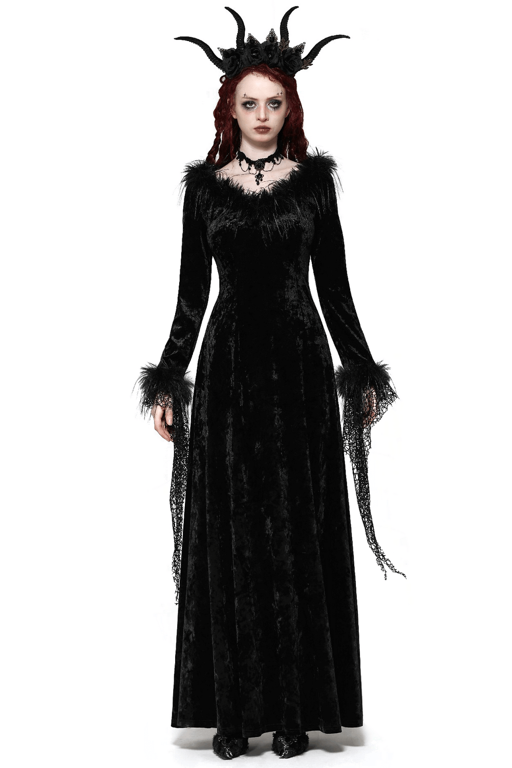 Chic goth velvet maxi dress with lace accents, featuring dramatic sleeves and a striking silhouette, perfect for gothic events.