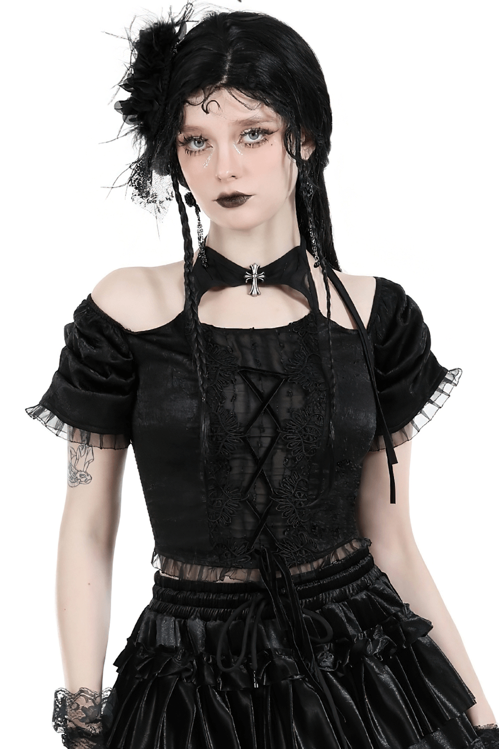 Chic Gothic Black Off-the-Shoulder Top with Lace-Up