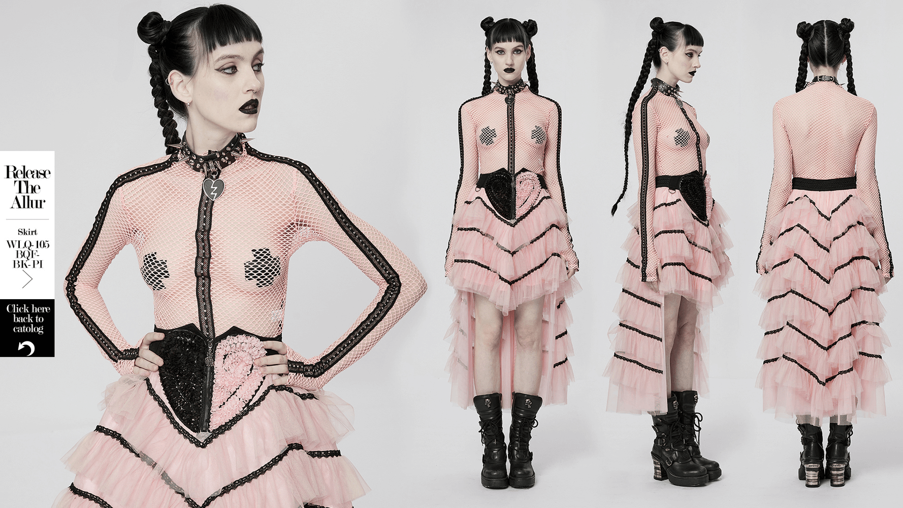 Chic Gothic fishnet top with mesh webbing, featuring a cute pink skirt, perfect for punk fashion lovers.