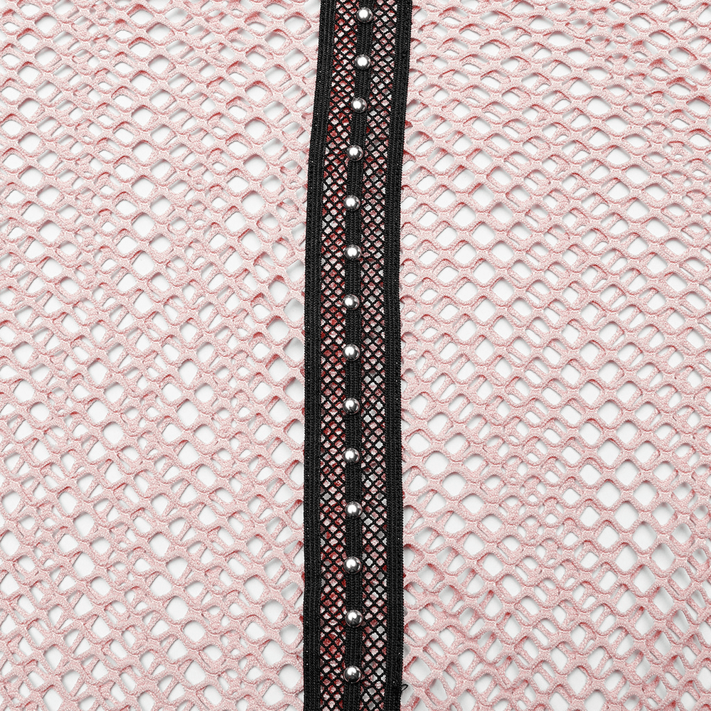 Chic Gothic fishnet fabric detail featuring pink mesh with black elastic webbing and studs, perfect for edgy punk fashion.