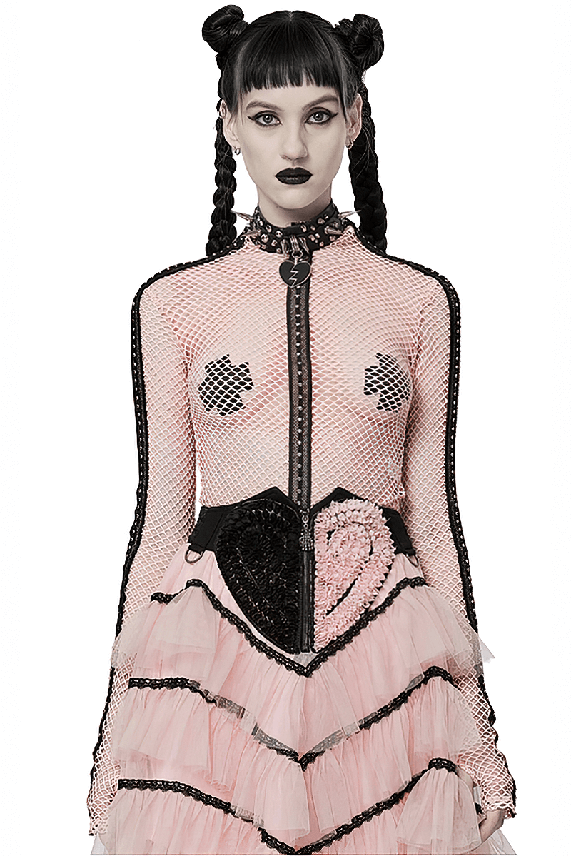 Chic Gothic Fishnet Top with elastic mesh, contrasting tiered skirt, and edgy punk details in pink.