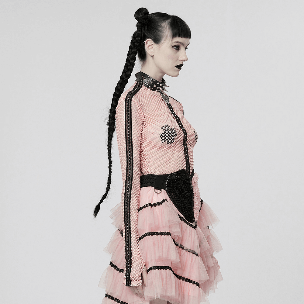 Chic gothic fishnet top with a layered ruffled skirt, showcasing punk style and edgy mesh design.