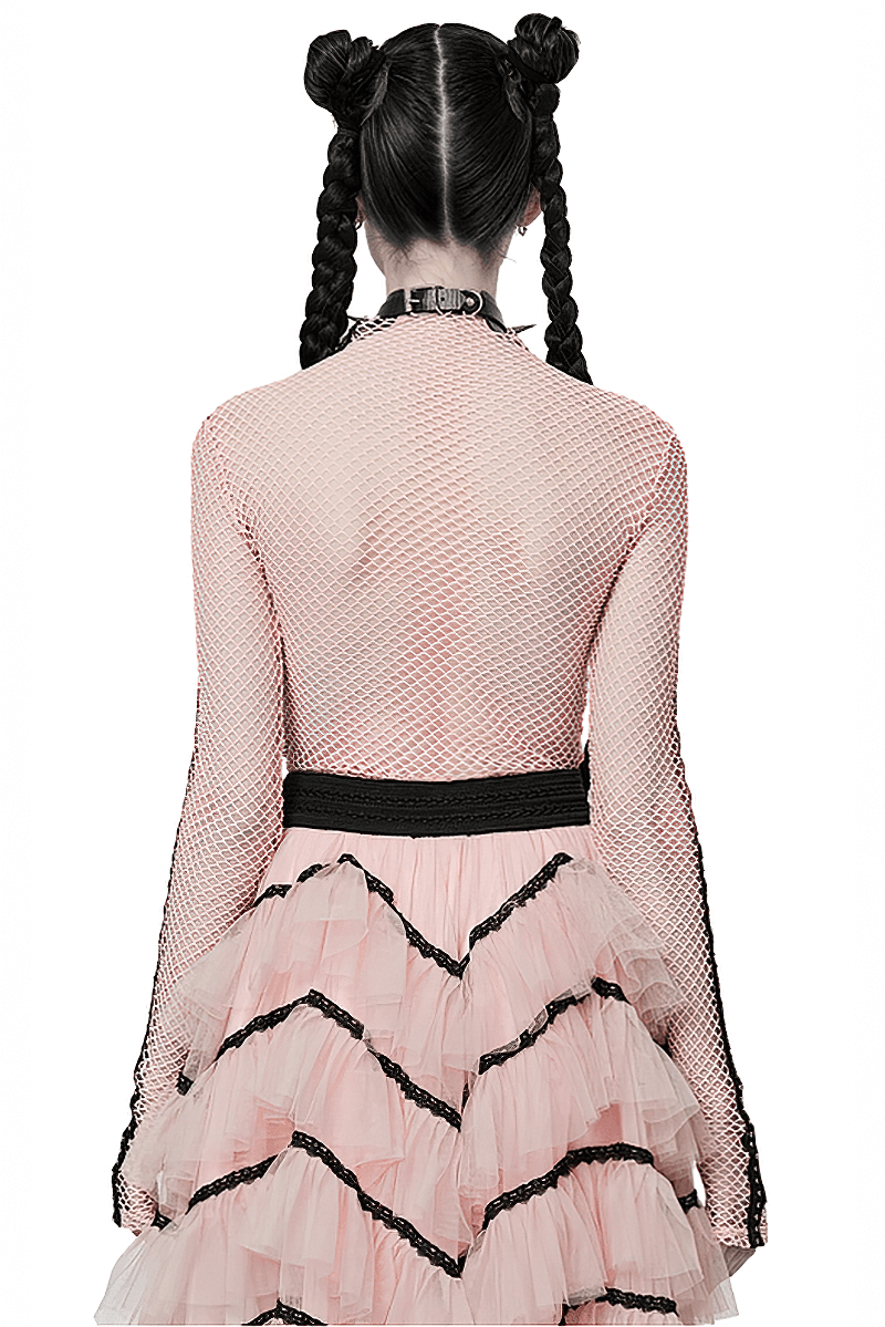 Chic Gothic Fishnet Top with Mesh Webbing, styled with a ruffled pink skirt and playful double braids.