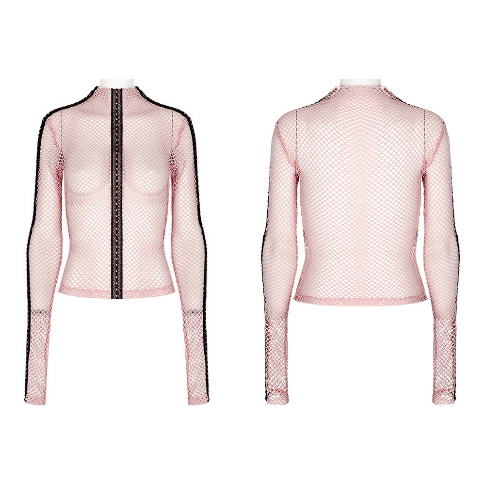 Chic gothic fishnet top in pink, featuring stretchy mesh fabric and edgy black detailing for a punk-inspired look.