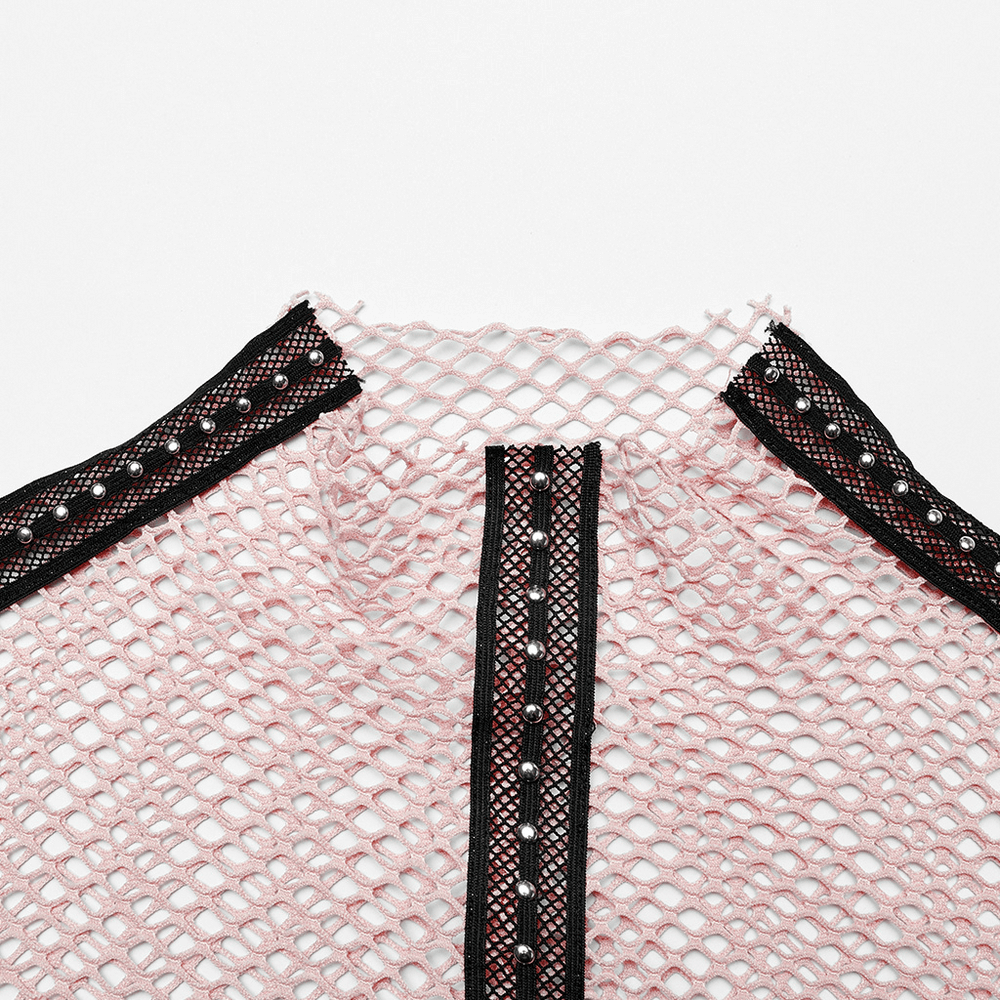 Chic gothic fishnet top featuring stretchy rhombus mesh and edgy black accents. Perfect for a punk fashion statement.