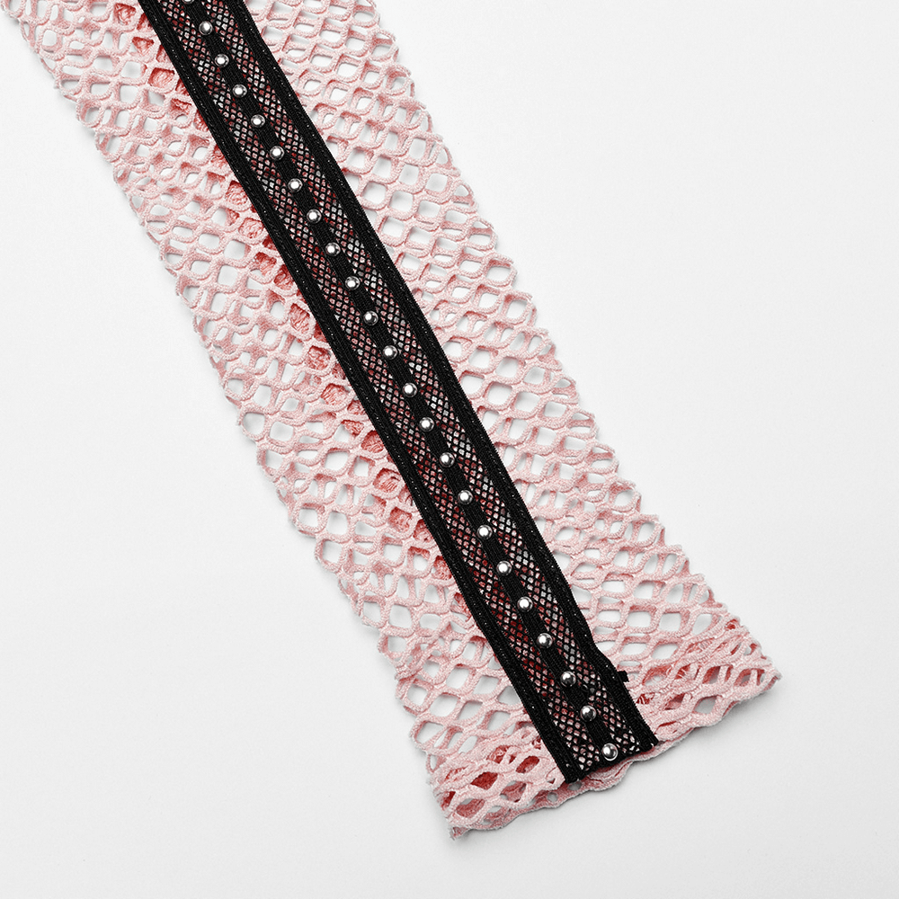Chic Gothic fishnet top detail featuring stretchy pink mesh and striking black elastic webbing.