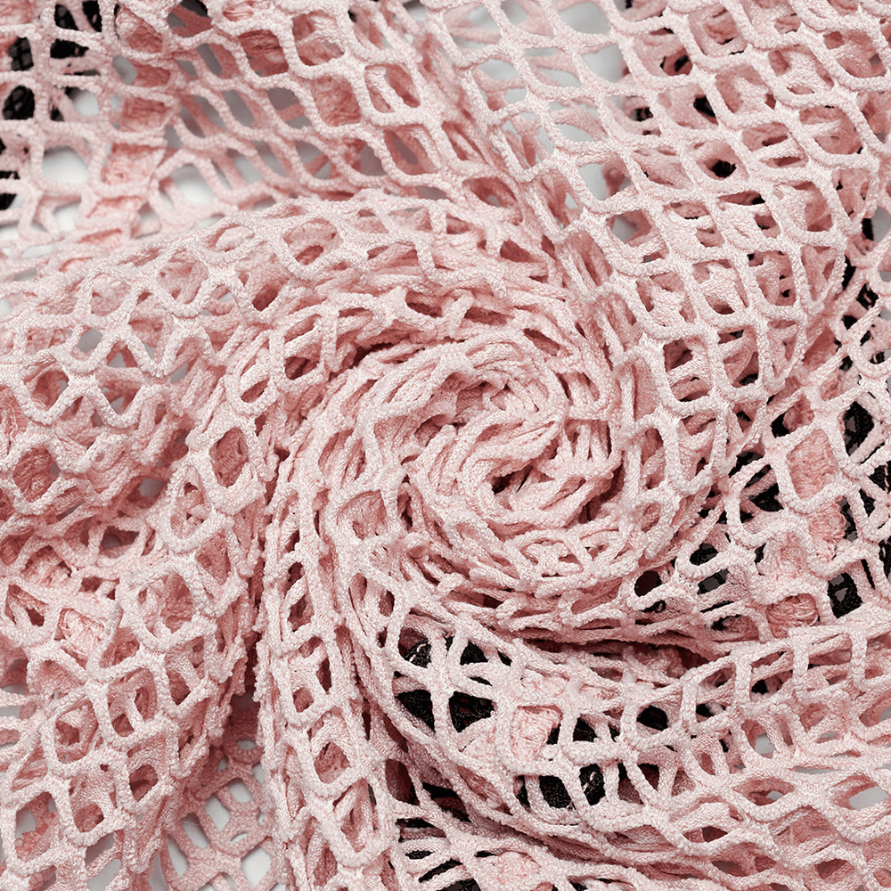 Close-up of stretchy pink rhombus mesh fabric, perfect for a chic gothic fishnet top with edgy appeal.