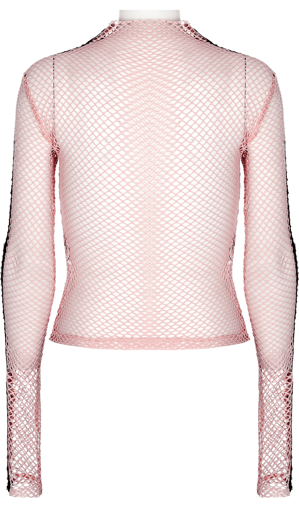 Chic gothic fishnet top in pink, featuring stretchy mesh and long sleeves for a punk-inspired look.