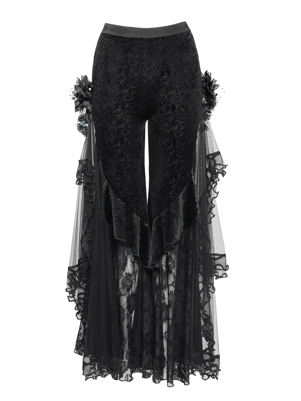 Alt Tag: Chic Gothic Flocked Wide Leg Pants with Lace Panels, black high-waist palazzo trousers with lace mesh drape and ruffle trim