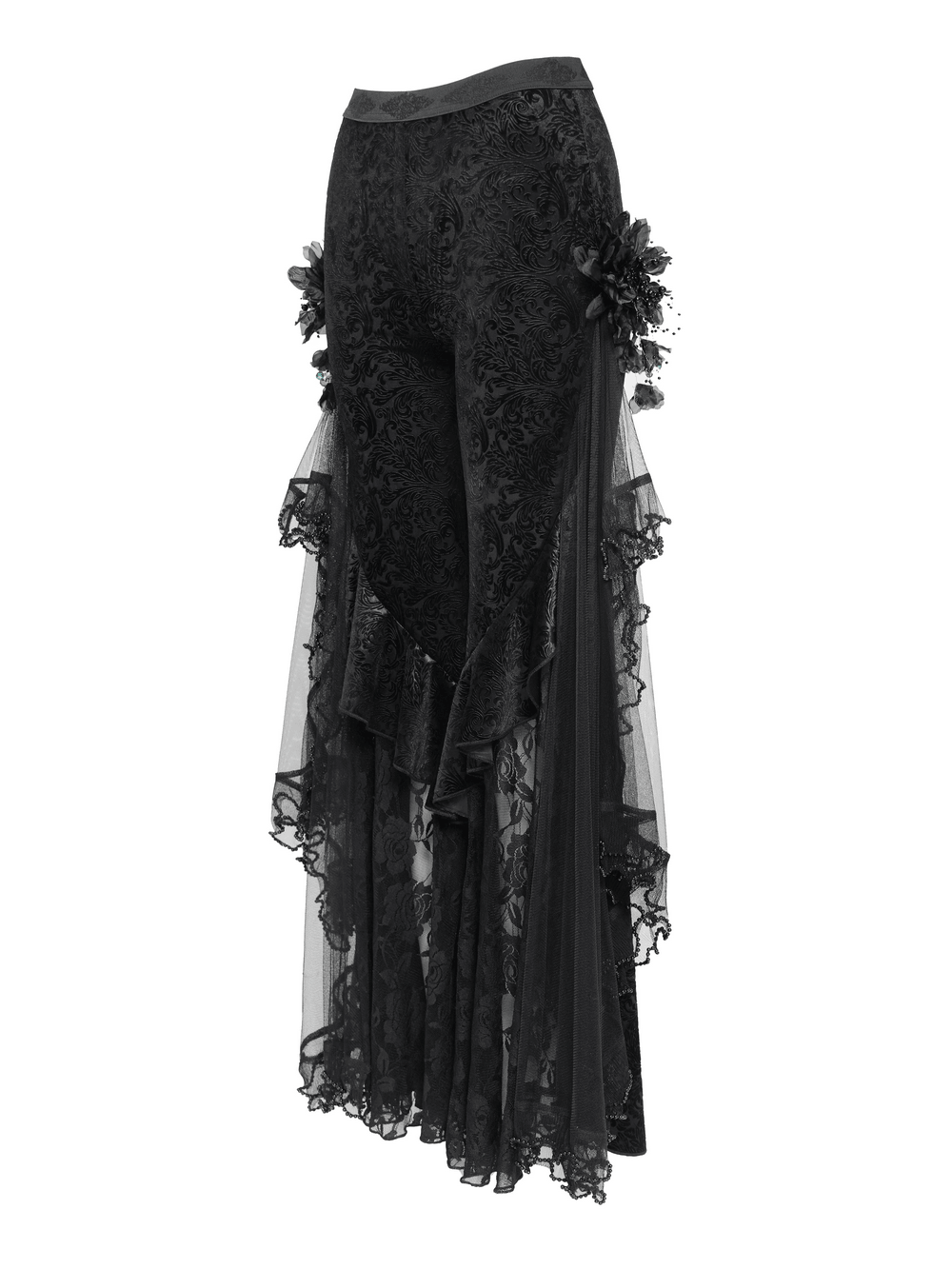 Alt Tag: Chic Gothic Flocked Wide Leg Pants with Lace Panels, black Victorian palazzo trousers with mesh ruffle trim and floral side accents
