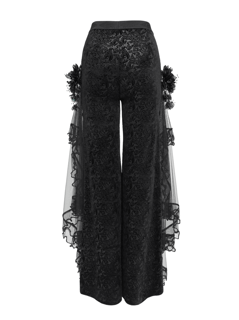 Alt Tag: Chic Gothic Flocked Wide Leg Pants with Lace Panels, black Victorian palazzo trousers with mesh ruffle trim and floral side accents