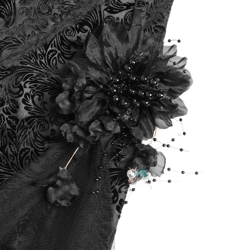 Alt Tag: Chic Gothic Flocked Wide Leg Pants with Lace Panels close-up of black floral lace and mesh ruffle trim with beaded accents