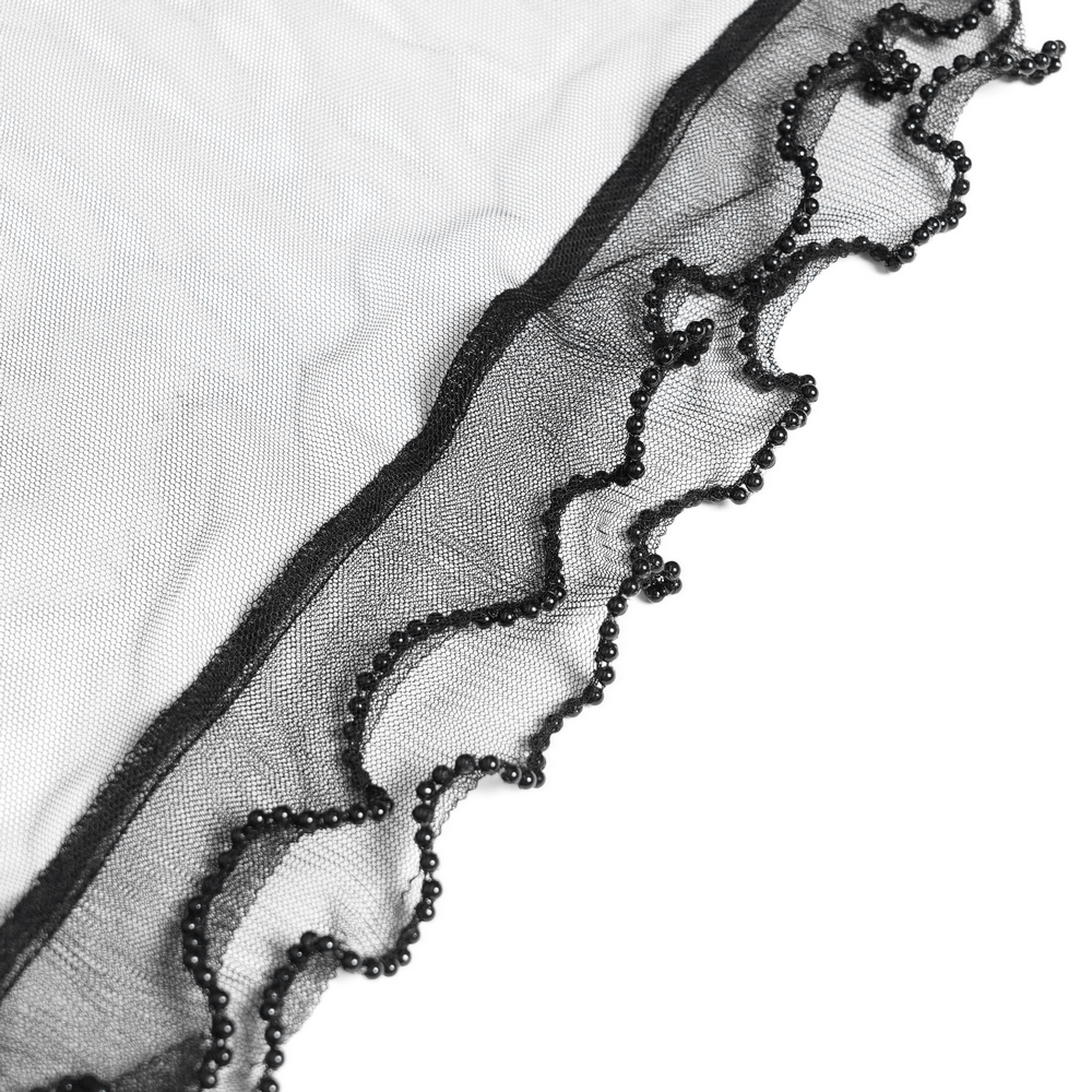 Alt Tag: Chic Gothic Flocked Wide Leg Pants with Lace Panels close-up of black mesh ruffle trim with beaded lace edge, Victorian gothic detail