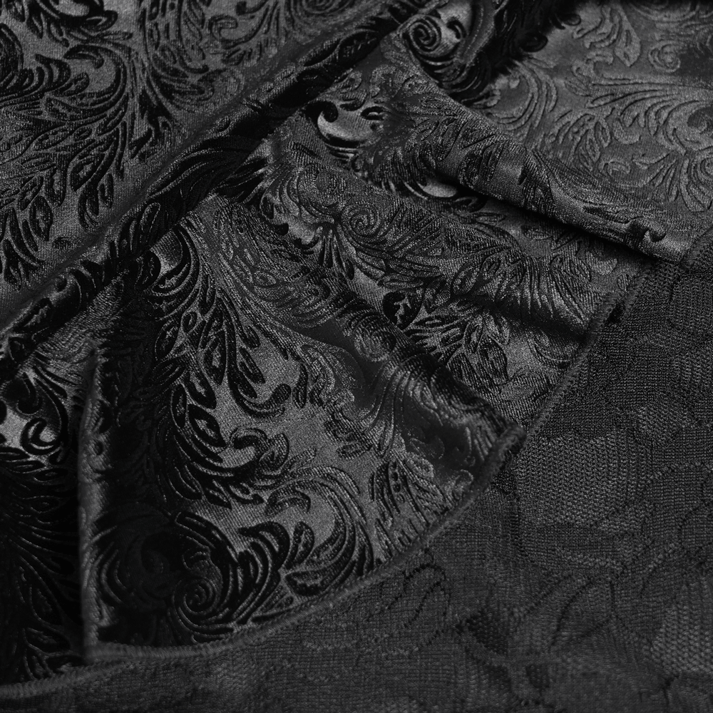 Alt Tag: Chic Gothic Flocked Wide Leg Pants with Lace Panels close-up, black Victorian scroll flock fabric with lace mesh panel detail