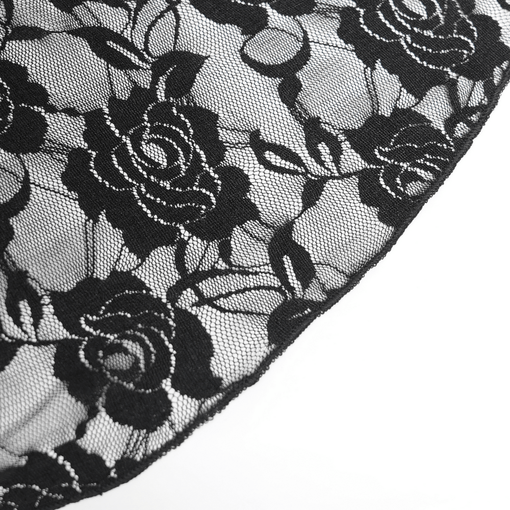 Alt Tag: Chic Gothic Flocked Wide Leg Pants with Lace Panels close-up of black floral lace mesh panel with rose pattern