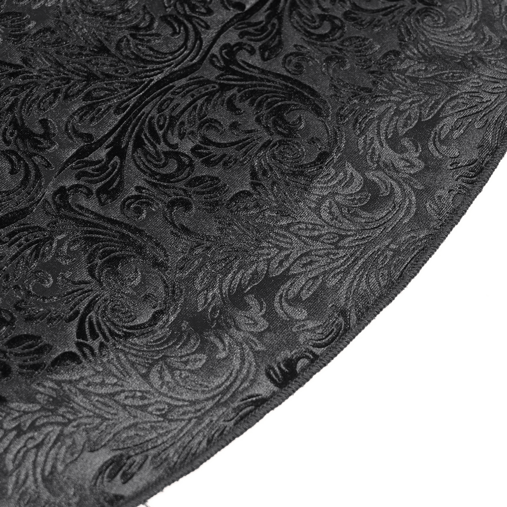 Alt Tag: Chic Gothic Flocked Wide Leg Pants with Lace Panels close-up of black tonal flocked scroll fabric texture, Victorian goth palazzo vibe