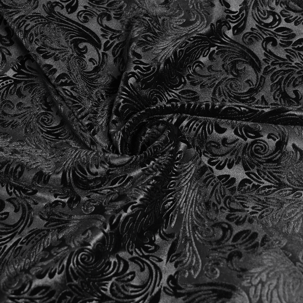 Alt Tag: Chic Gothic Flocked Wide Leg Pants with Lace Panels – close-up of black Victorian flocked scroll fabric with rich textured sheen