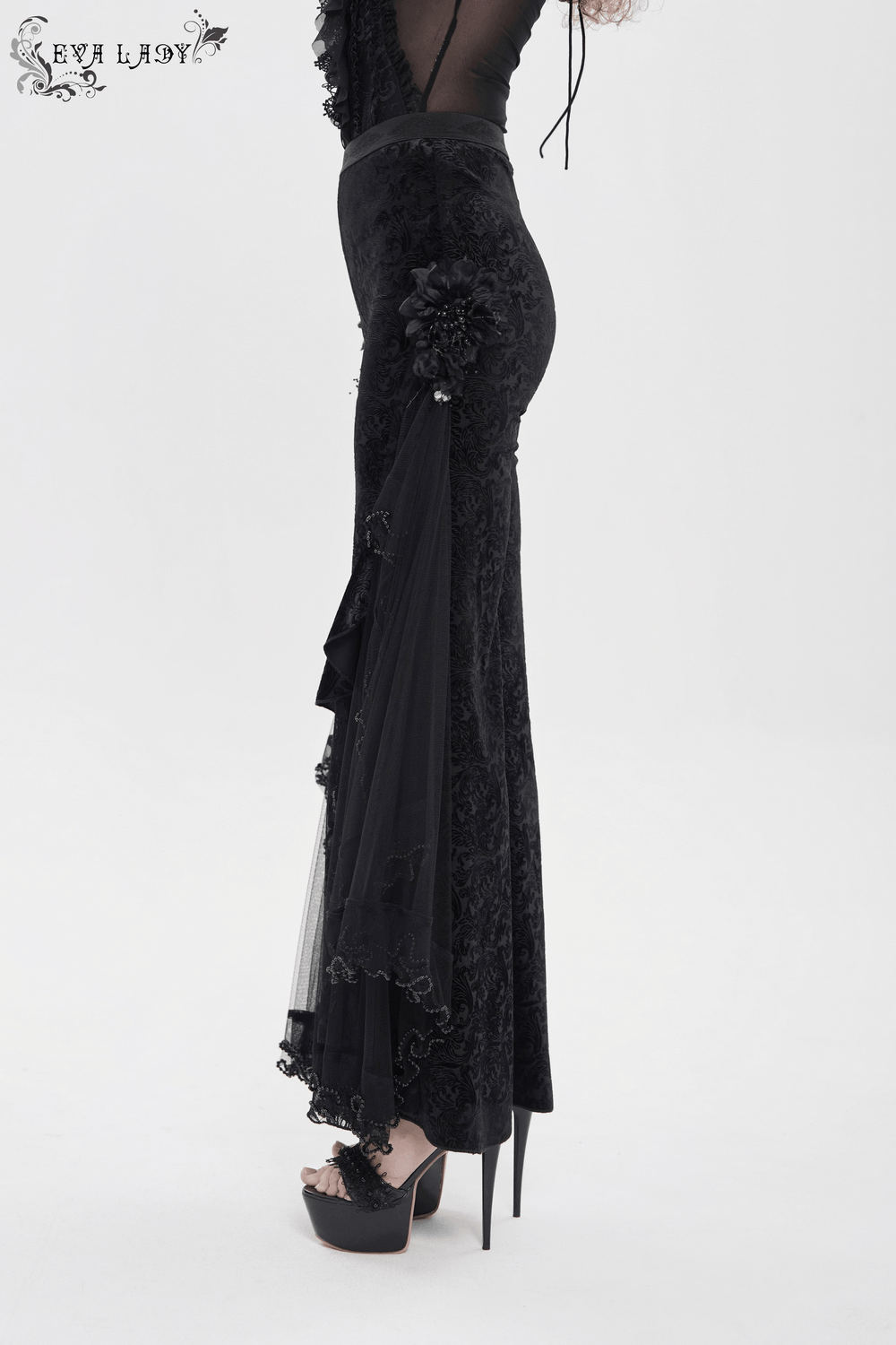 Alt Tag: Chic Gothic Flocked Wide Leg Pants with Lace Panels — Victorian black palazzo trousers with lace mesh ruffle drape, high waist, floral side accents