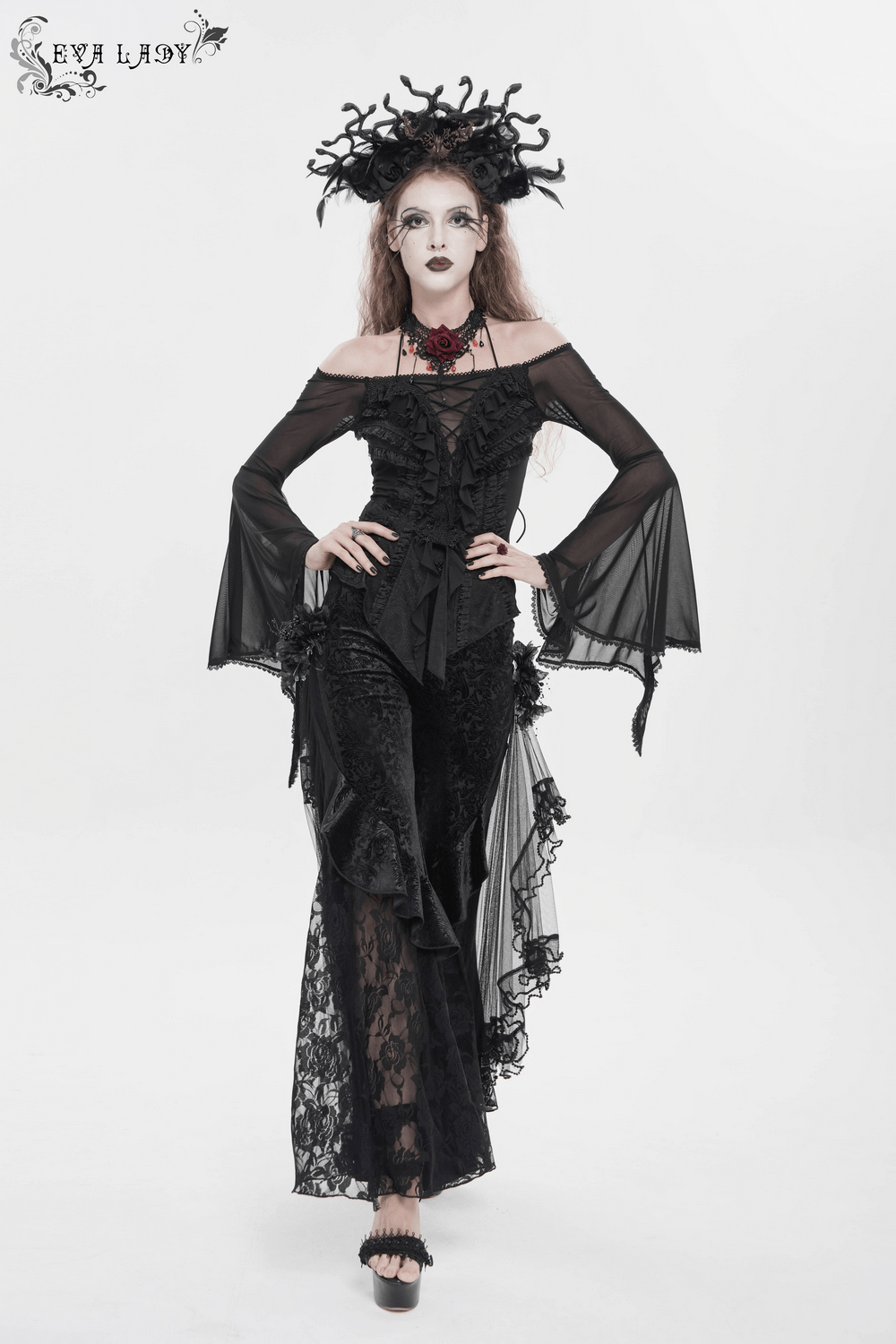 Alt Tag: Chic Gothic Flocked Wide Leg Pants with Lace Panels high-waist black palazzo trousers with lace mesh ruffle trim, Victorian goth look