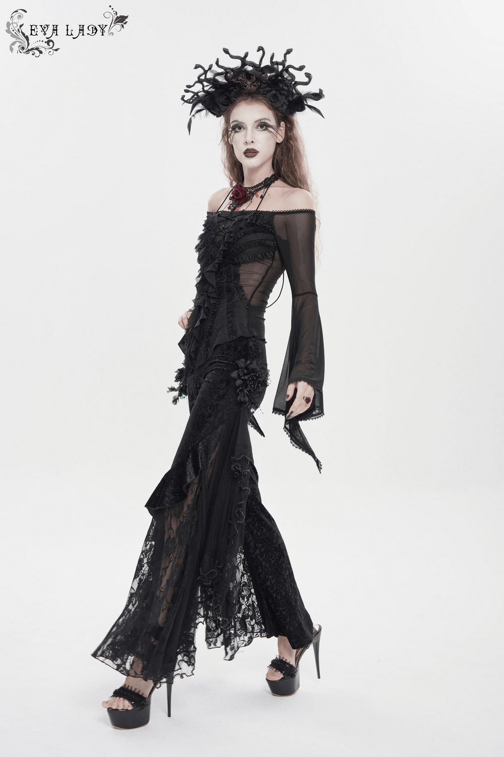 Alt Tag: Chic Gothic Flocked Wide Leg Pants with Lace Panels on model, Victorian black palazzo trousers with lace, mesh ruffle trim, high waist