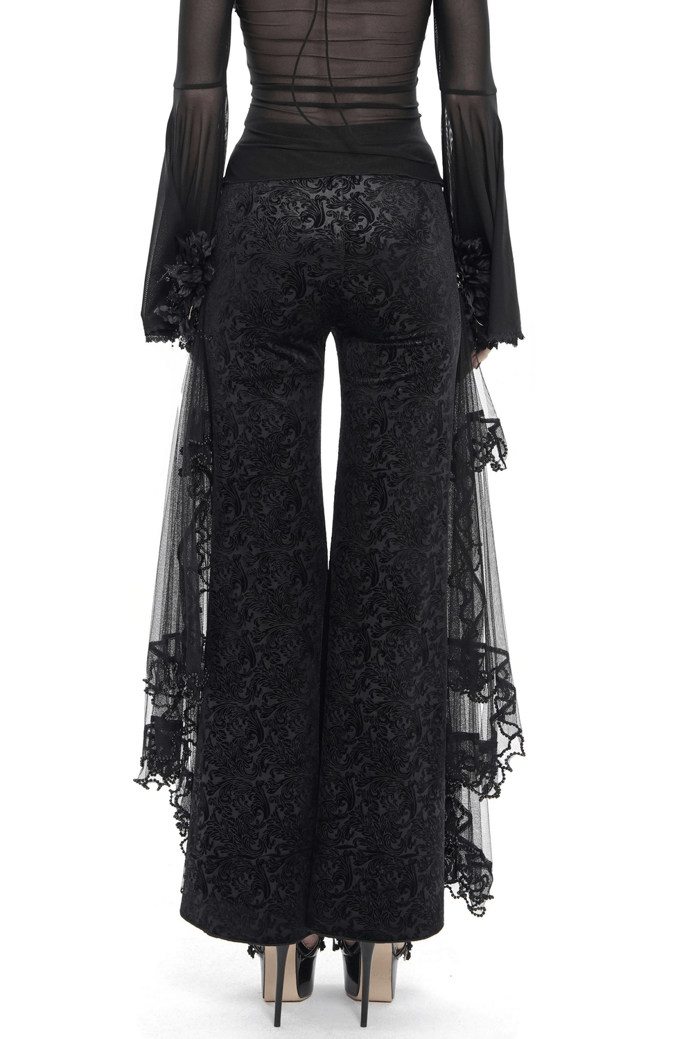 Alt Tag: Chic Gothic Flocked Wide Leg Pants with Lace Panels, back view Victorian black palazzo trousers with mesh ruffle trim