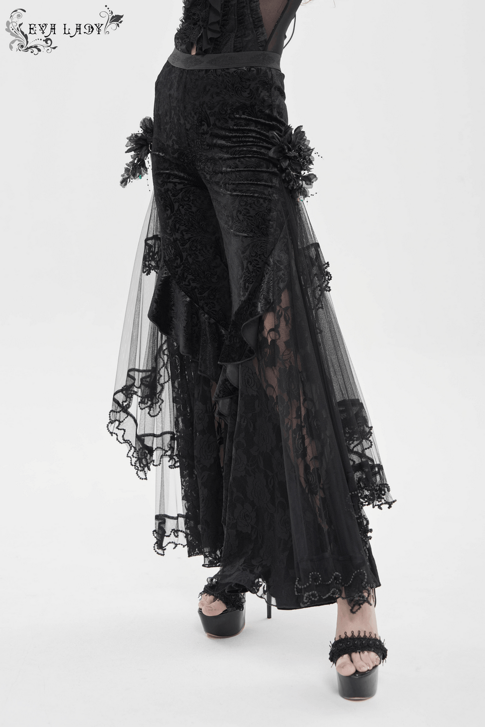 Alt Tag: Chic Gothic Flocked Wide Leg Pants with Lace Panels featuring Victorian black palazzo trousers, lace mesh ruffle trim, high waist