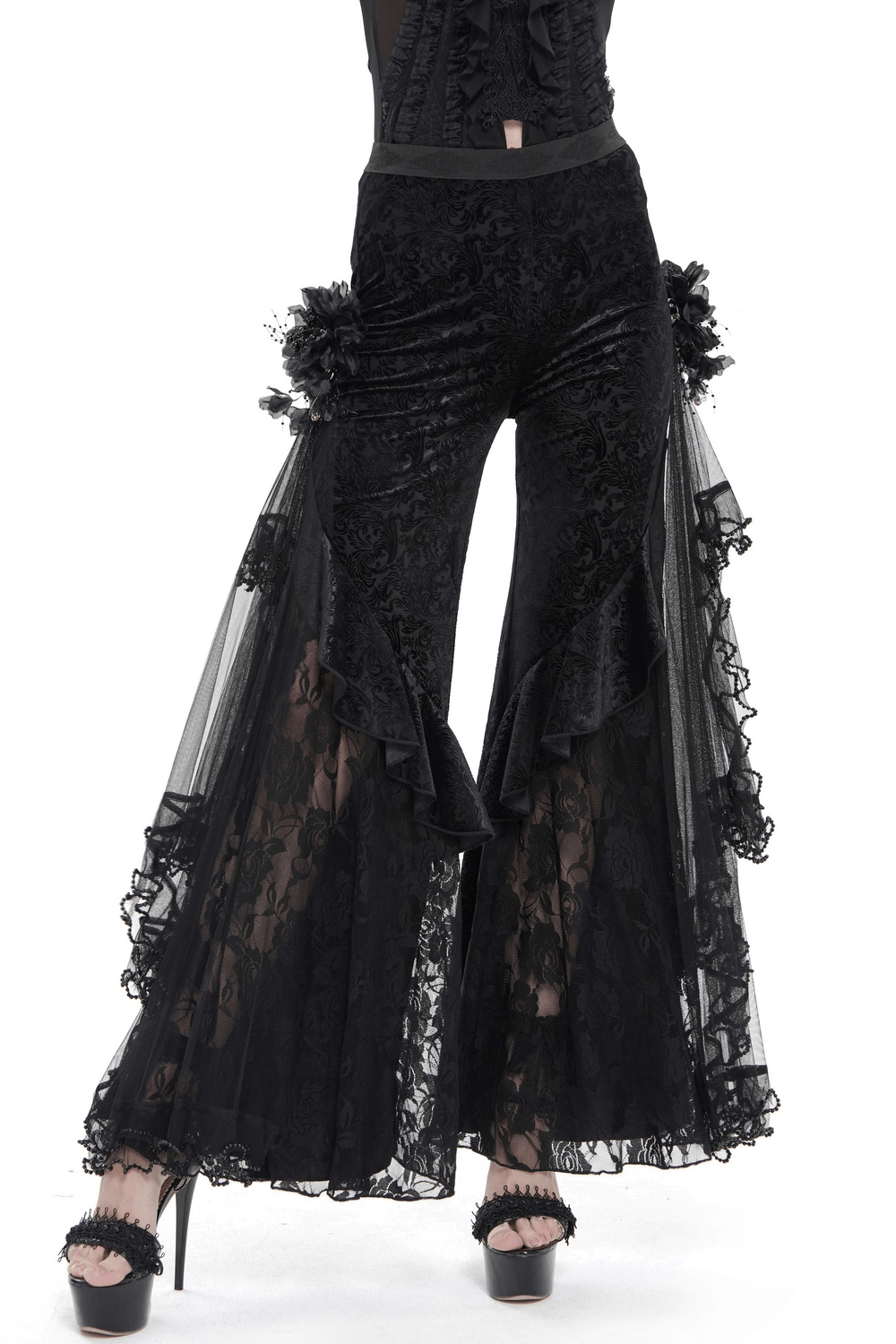Alt Tag: Chic Gothic Flocked Wide Leg Pants with Lace Panels, black high-waist palazzo trousers with lace mesh drapes, ruffle trim