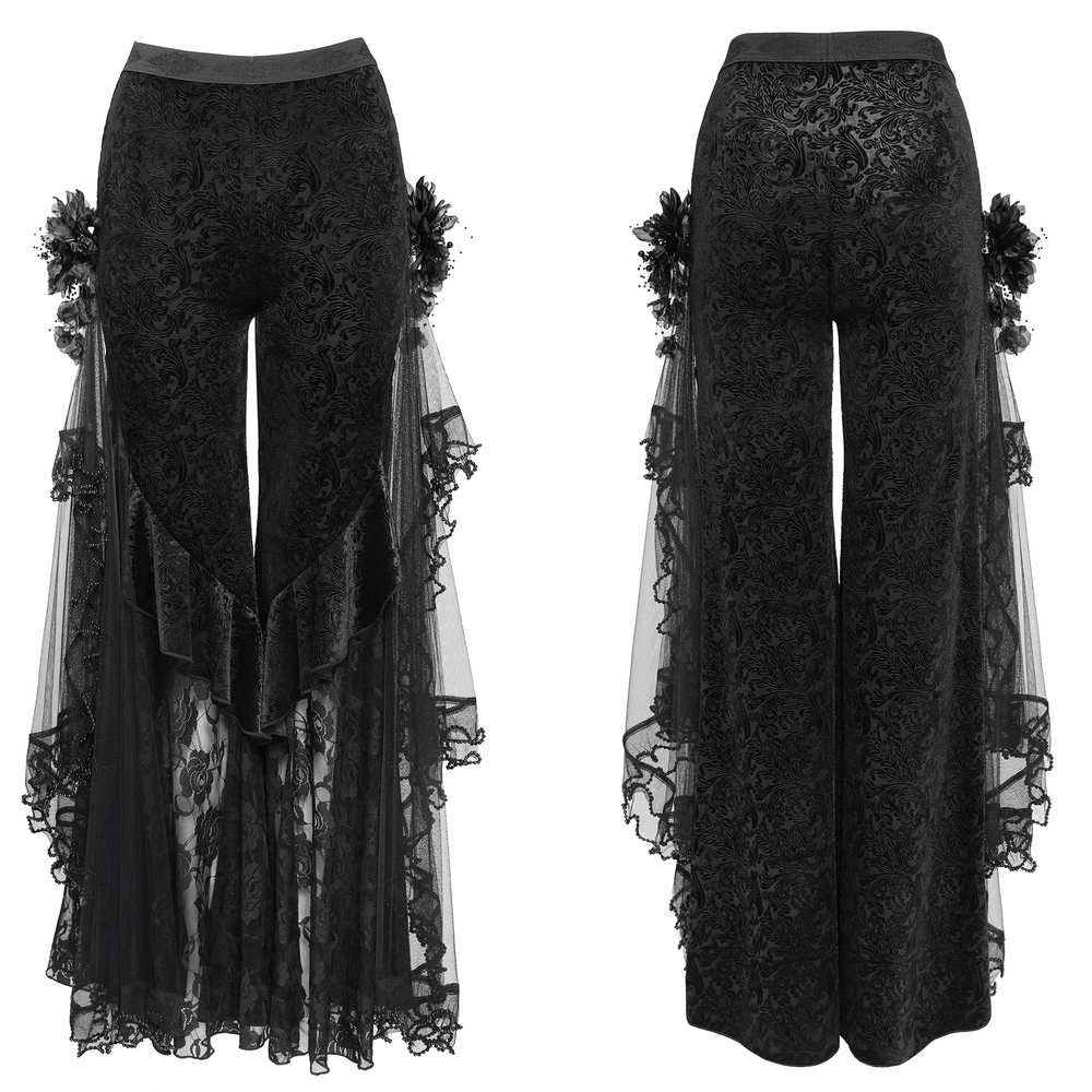 Alt Tag: Chic Gothic Flocked Wide Leg Pants with Lace Panels, black high-waist palazzo trousers with mesh ruffle lace drapes, front and back view