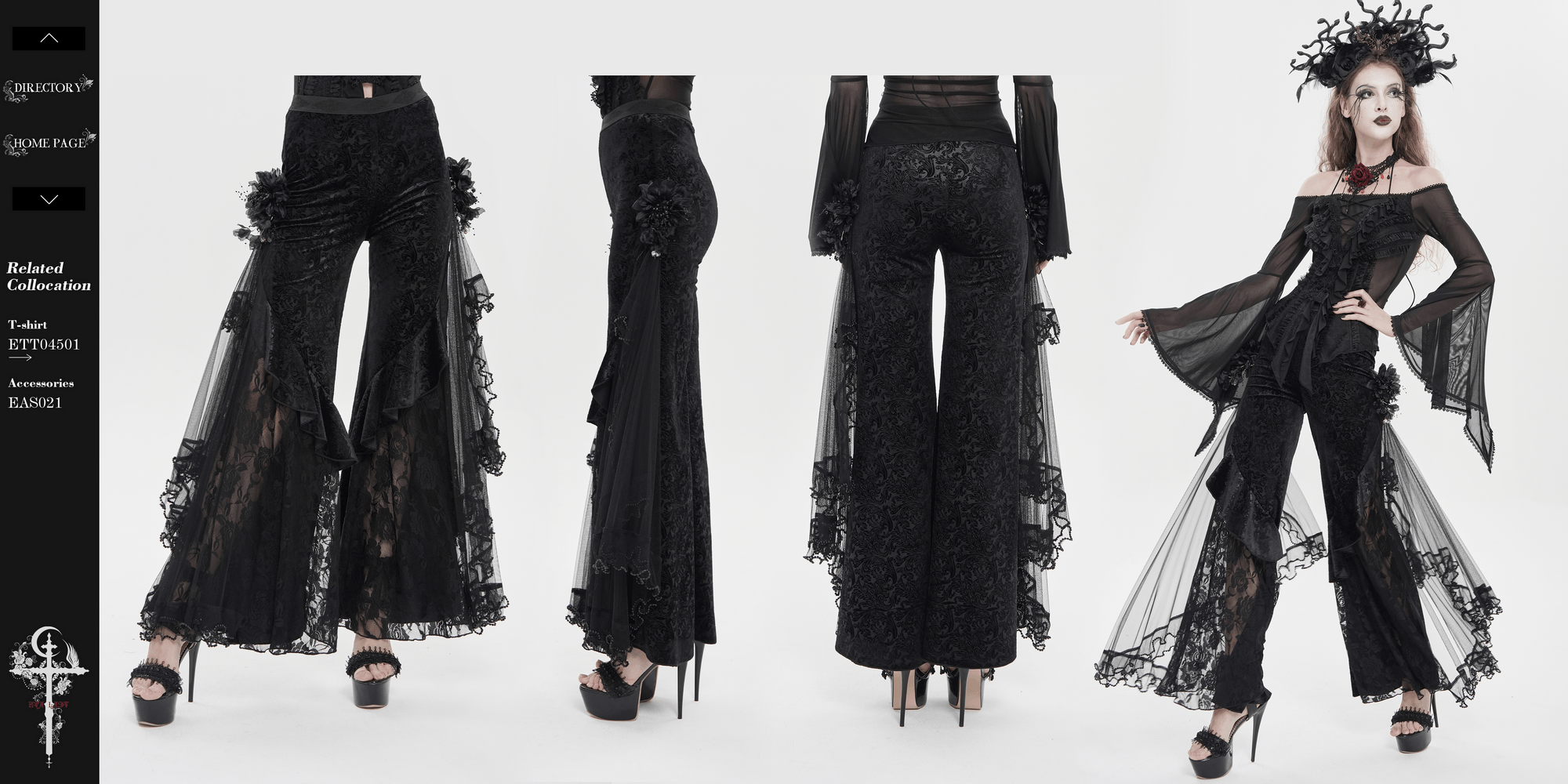 Alt Tag: Chic Gothic Flocked Wide Leg Pants with Lace Panels, black Victorian palazzo trousers with lace panels, mesh ruffle trim, high waist