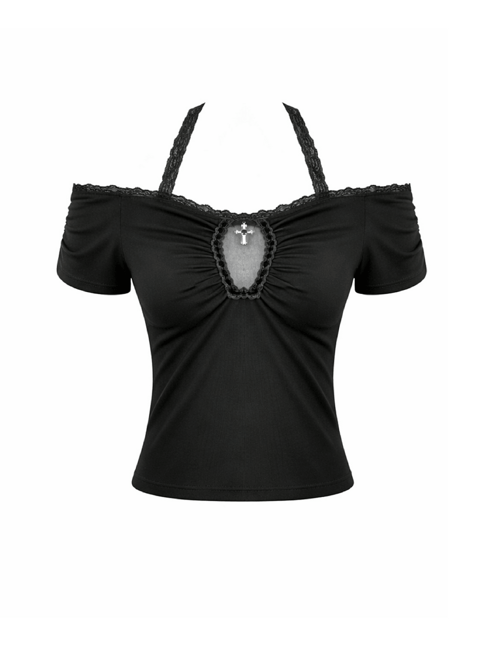 Chic Gothic Lace Halter Off Shoulder Crop Top with Charm, featuring lace detailing and a charm accent.