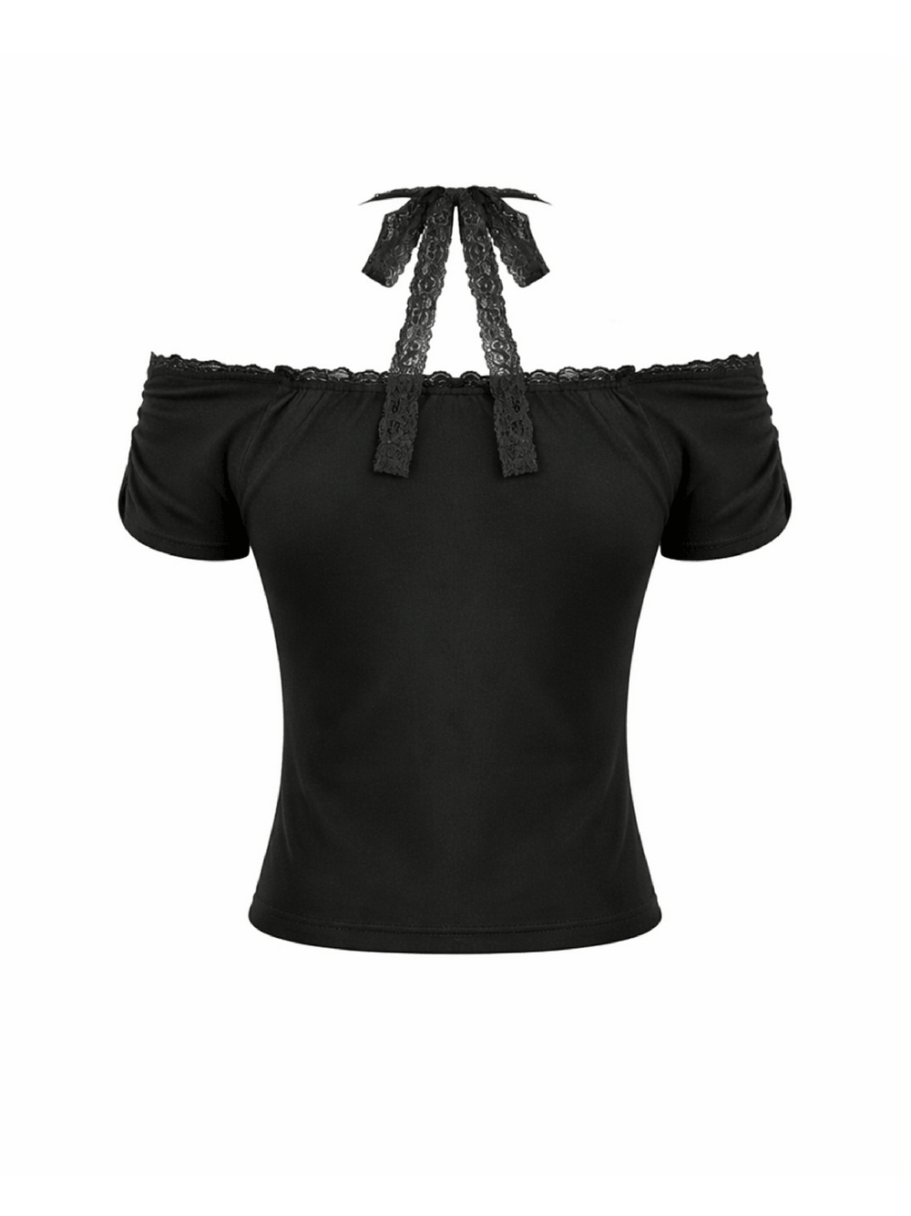 Chic Gothic Lace Halter Off Shoulder Crop Top with Charm, black crop top with lace detail and off shoulder design.